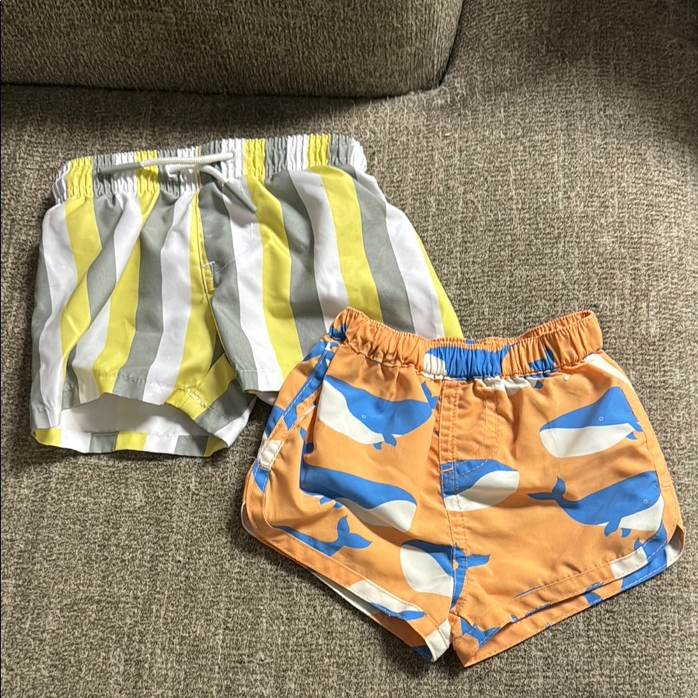 Yellow and Gray Striped Swim Trunks with Elastic Waistband